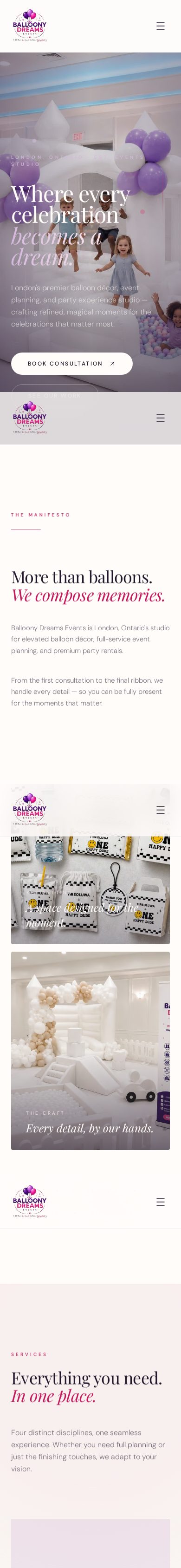Balloony Dreams Events website on mobile